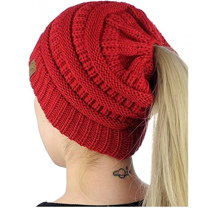 Skullies & Beanies Women's Warm Cable Knitted Messy High Bun Hat Beanie with Hole for Pony Tail Skull Cap - Red - CZ188IM4ZAH...