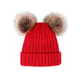 Skullies & Beanies Women's Winter Ski Knit Warm Fleece Beanie Hat w/Double Fur Pom - Red Hat Coffee Ball - CZ18HLUYQRA $10.79