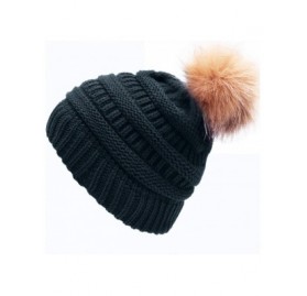Skullies & Beanies Winter Hats for Womens Knit Slouchy Skullies Beanies Ski Caps with Faux Fur Pom Pom Bobble - Navy(fluff Ba...