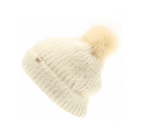 Skullies & Beanies Women's Winter Cozy Solid Color Fuzzy Knitted Beanie Hat with Faux Fur Pom Pom - Off White - CM18AT3Q8AM $...