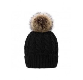 Skullies & Beanies Women's Winter Soft Knit Beanie Hat with Faux Fur Pom Pom - Fleece Lined_black - CC18S9A35YC $16.78