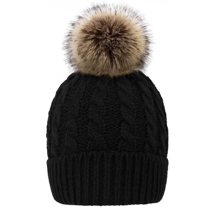 Skullies & Beanies Women's Winter Soft Knit Beanie Hat with Faux Fur Pom Pom - Fleece Lined_black - CC18S9A35YC $16.78