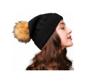 Skullies & Beanies Beanie Hats for Women Slouchy Style Winter Hat with Faux Fur Pom Pom Hats - Black - C1189OW0XZL $10.74