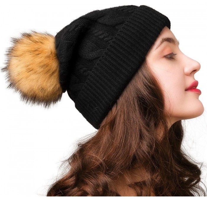 Skullies & Beanies Beanie Hats for Women Slouchy Style Winter Hat with Faux Fur Pom Pom Hats - Black - C1189OW0XZL $27.67
