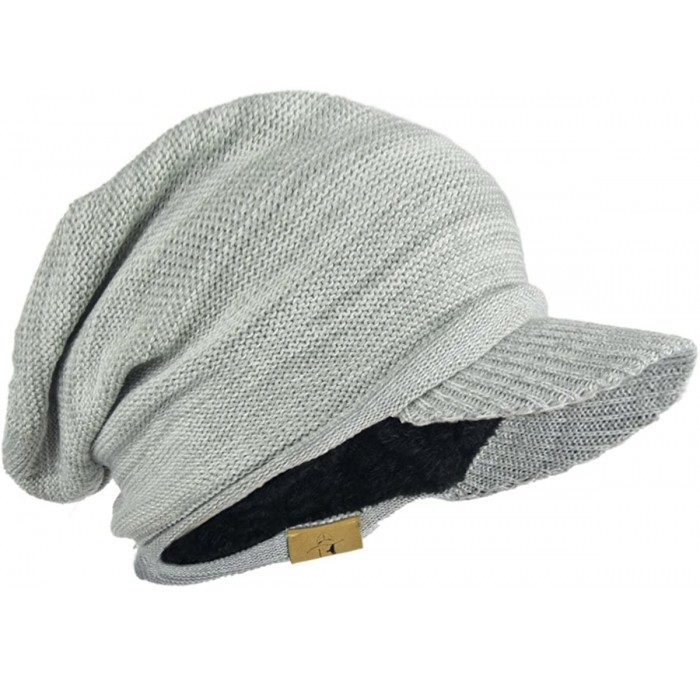 Skullies & Beanies Men Stripe Knit Visor Beanie Hat for Winter - B319-light Grey With White - CI186GUECXC $22.71