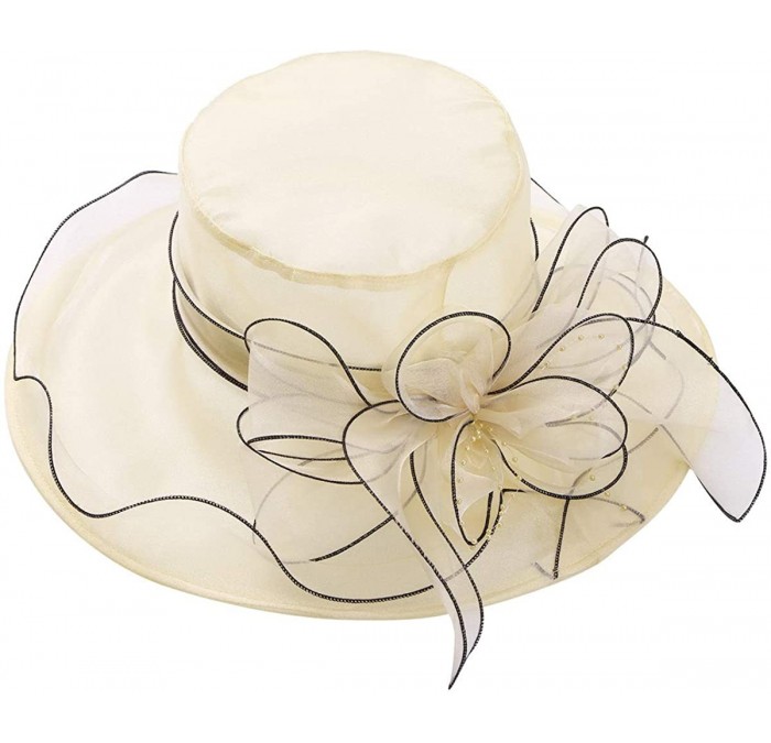 Sun Hats Women Organza Wide Brim Sun Hat with Large Flower Church Party Wedding Cap - Beige B - CD18RSGR6QE $57.01