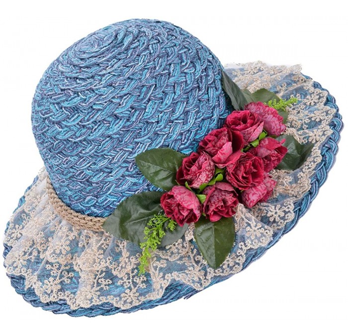 Sun Hats Straw Hat Beach Sun Hat Casual Bucket Hat with Flower for Ladies - Blue - CA120JG6IIT $43.32