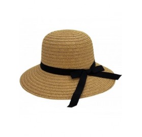 Sun Hats Sun Hats for Women- Woven Floppy Beach Woven Summer Spring Straw Hat - Ribbon Bow - Brown - CR18E67ZQ5M $26.39