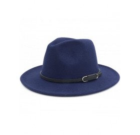 Fedoras Women Men Vintage Wide Brim Belt Buckle Panama Felt Fedora Hat - O Navy Blue - CJ18A8DI9A5 $9.17