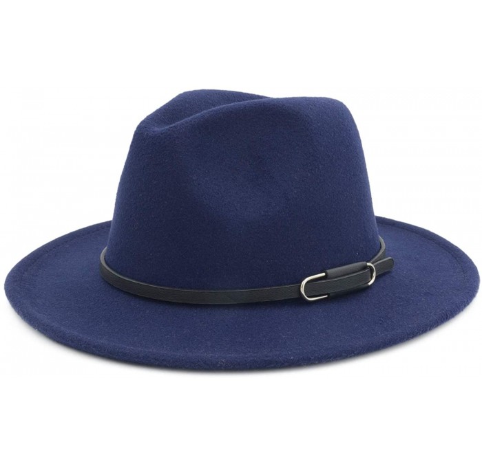 Fedoras Women Men Vintage Wide Brim Belt Buckle Panama Felt Fedora Hat - O Navy Blue - CJ18A8DI9A5 $9.17