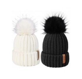 Skullies & Beanies Womens Winter Knitted Beanie Hat with Faux Fur Pom 2 Packs Warm Knit Skull Cap Beanie for Women - C118UYWI...