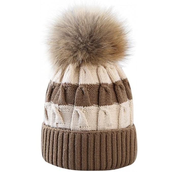 Skullies & Beanies Womens Hat Winter- Womens Striped Slouchy Winter Hats Knitted Beanie Hat Faux Fur Pom Pom Bobble Hat Ski C...
