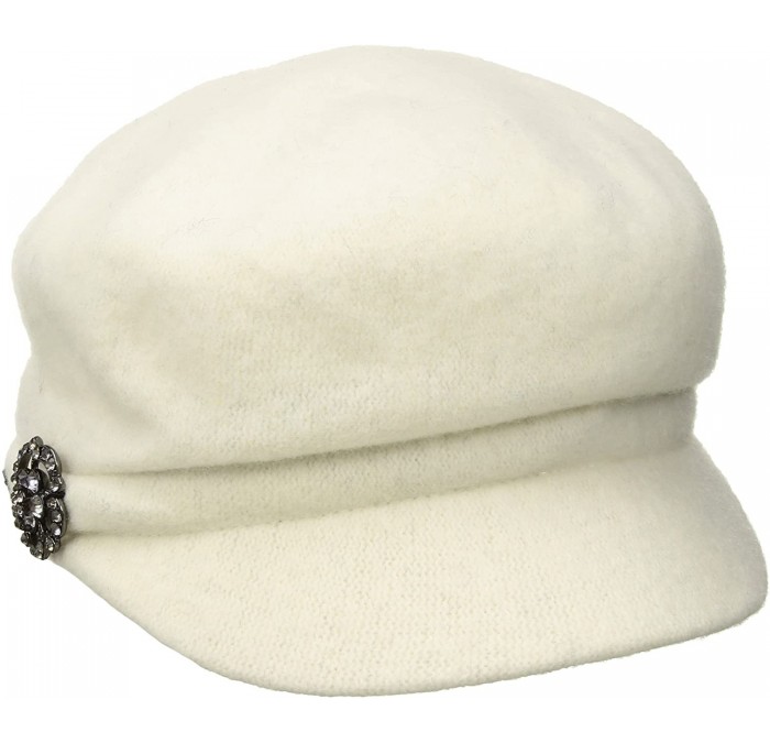 Newsboy Caps Women's Crystal Cap Wool with Rhinstone Broach - Winter White - CX17YZHNC2U $81.93