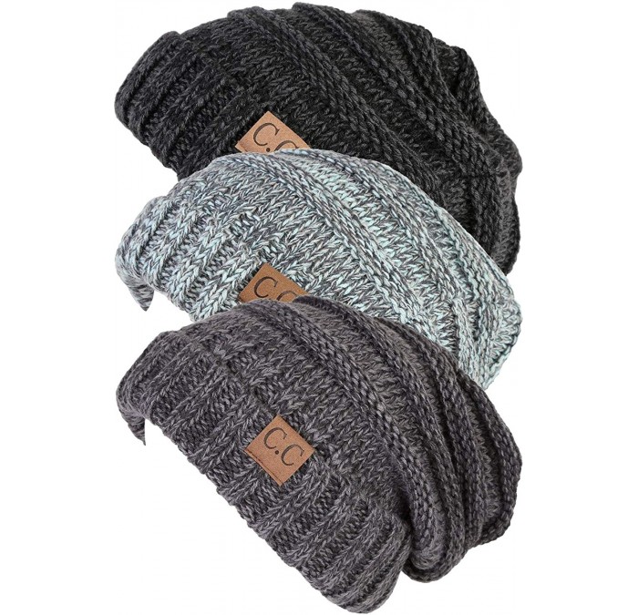Skullies & Beanies Trendy Warm Oversized Chunky Cable Knit Slouchy Beanie Bundles - 3 Pack - Onyx Black- Graphite Grey- Hint ...