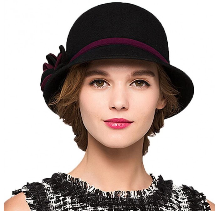 Fedoras Women's Bow Wool Felt Bucket Hat - Black - CZ128NIYQPR $29.54