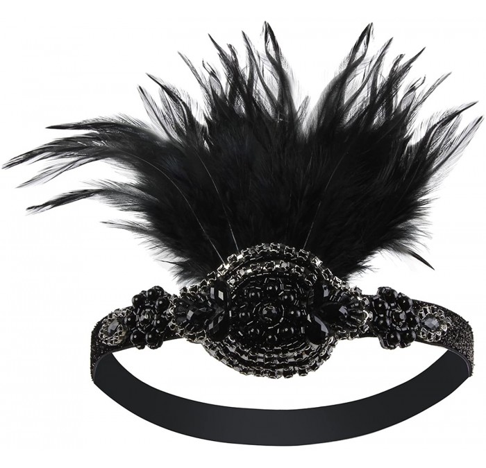 Headbands Black Beaded Flapper Headband Inspired Great Gatsby 1920s Headpiece Accessories Feather Vintage - Black - CT12NA55M...