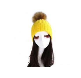 Skullies & Beanies Women Cable Knit Beanie Raccoon Fur Fuzzy Pompom Chunky Winter Stretch Skull Cap Cuff Hat - 28yellow - CJ1...