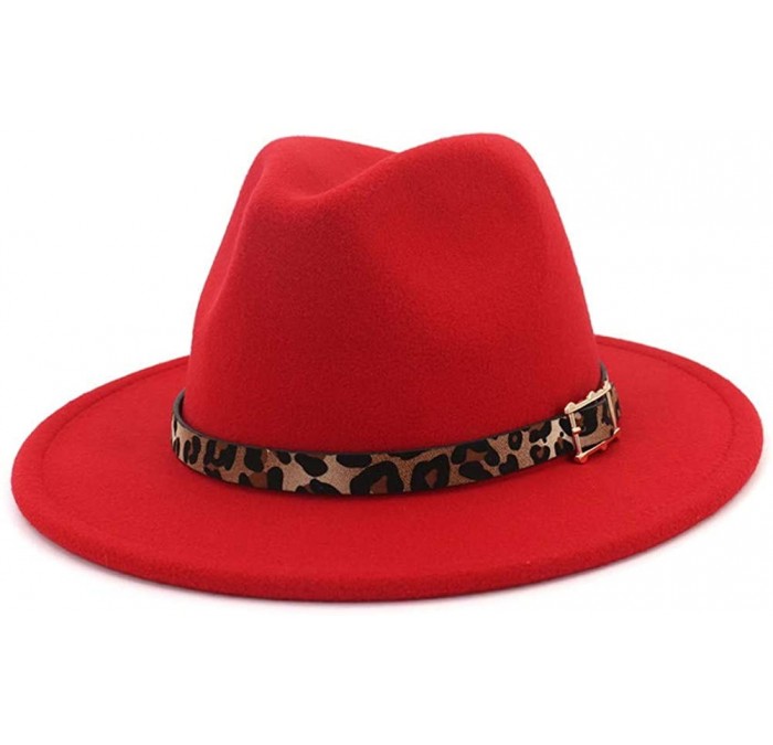 Fedoras Women's Wide Brim Felt Fedora Panama Hat with Leopard Belt Buckle - Red - CS18IZUTS6Q $30.29