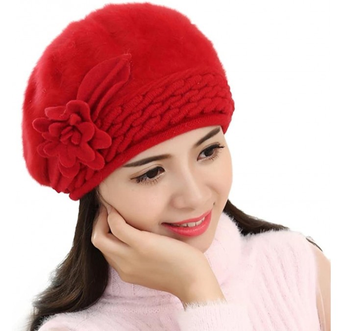 Berets Winter Beret Cap Womens Flower Knit Crochet Beanie Hat Winter Warm Cap - Red 1 - C7185LHXDC9 $25.46