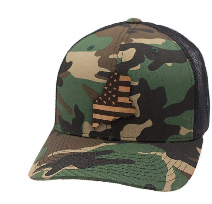 Baseball Caps 'Maine Patriot' Leather Patch Hat Curved Trucker - Camo - CE18IGQ9TMC $52.13