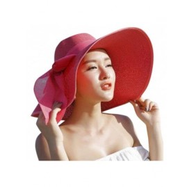 Sun Hats Women Big Brim Straw Hat Sun Floppy Wide Brim Hats New Bowknot Folding Beach Cap - Watermelon Red - CN18NRAG65N $10.70