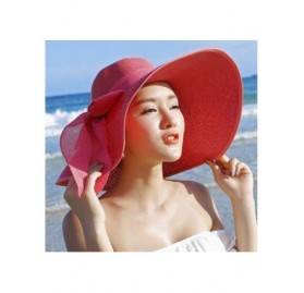 Sun Hats Women Big Brim Straw Hat Sun Floppy Wide Brim Hats New Bowknot Folding Beach Cap - Watermelon Red - CN18NRAG65N $10.70
