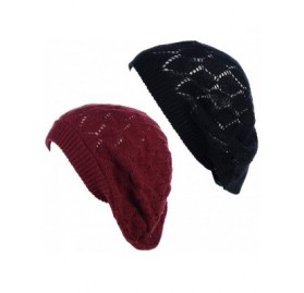 Berets Chic Parisian Style Soft Lightweight Crochet Cutout Knit Beret Beanie Hat - 2-pack Leafy Red Wine & Black - CX18AQCYI3...