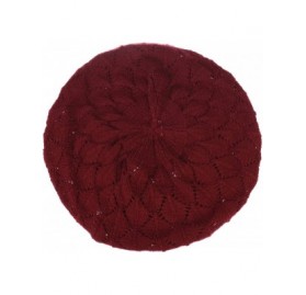 Berets Chic Parisian Style Soft Lightweight Crochet Cutout Knit Beret Beanie Hat - 2-pack Leafy Red Wine & Black - CX18AQCYI3...