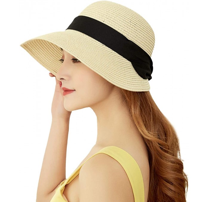 Sun Hats Woman Summer Beach Hat Straw Panama Sun Hats for Women Outdoor Cap - Off-white - CI18R4U5MLZ $31.75