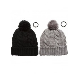 Skullies & Beanies Women's Thick Oversized Cable Knitted Fleece Lined Pom Pom Beanie Hat with Hair Tie. - 1 Black& 1 Light Gr...