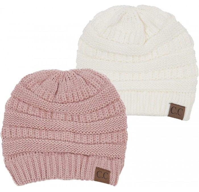 Skullies & Beanies Solid Ribbed Beanie Slouchy Soft Stretch Cable Knit Warm Skull Cap - 2 Pack - Ivory & Indi Pink - CR18HY5S...