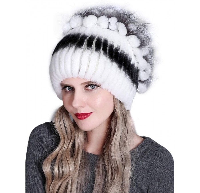 Skullies & Beanies Women Real Fur Warm Skullies Beanie- Rex Rabbit Fur Hat Winter Knit Hats with Fox Fur - Color 6 - CW18AGHO...