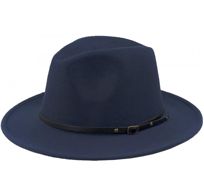 Fedoras Women Fedora Hat Wide Brim Felt hat with Belt Buckle Panama Hat Vintage Jazz Hat - A-navy - C718IG622S6 $38.65