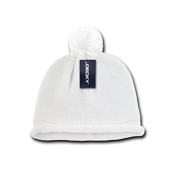 Skullies & Beanies Solid Roll Up Beanie with Pom - White - CS11903BQE9 $19.39