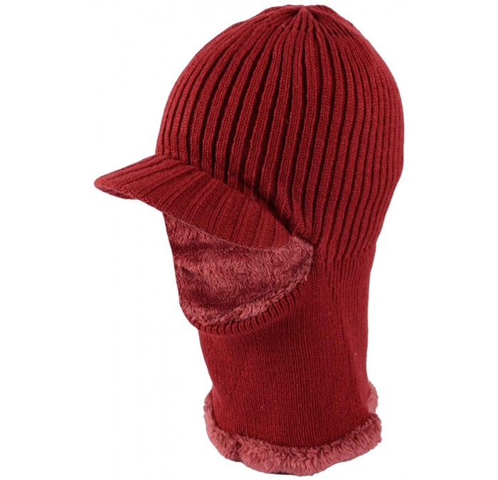 Skullies & Beanies Winter Tuque Knit Visor Beanie Hat Fleece Face Mask Neck Warmer XZX0070 - Red - C31927E309R $20.46