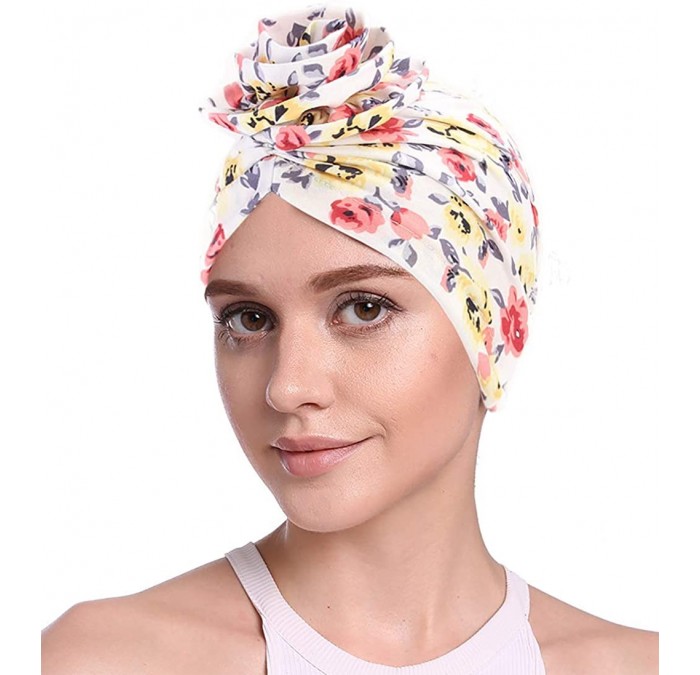 Skullies & Beanies Cotton Turbans for Women Flower Knot Headwrap Pre-Tied Bonnet Boho Pattern Chemo caps for Hair Loss - CG18...