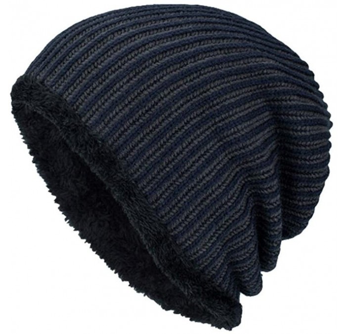 Skullies & Beanies Men Winter Stripe Knit Beanie Hats Wool Knit Warm Hat Ski Caps - Navy - CI188O26CZS $16.22