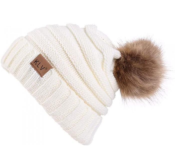 Skullies & Beanies Women Knit Slouchy Beanie Chunky Baggy Hat with Faux Fur Pompom Winter Soft Warm Ski Cap - White - CM19270...