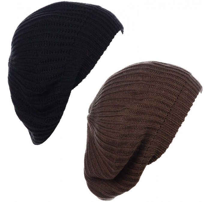 Berets Ladies Winter Solid Chic Slouchy Ribbed Crochet Knit Beret Beanie Hat W/WO Flower Adornment - CX18X9XL8AU $39.57