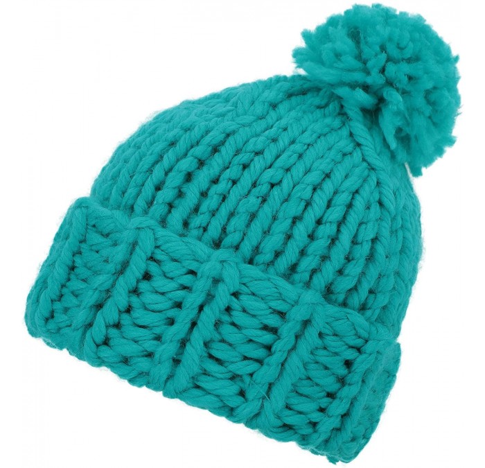 Skullies & Beanies Womens Super Soft Warm Chunky Cable Faux Fur Pompom Knit Beanie Hat - Lack Blue - C0182OGCTI0 $26.76