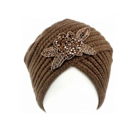 Skullies & Beanies Womens Hat Winter- Women's Turban Hat with Crystal Vintage Head Wrap Knit Pleated Turban - Khaki - CY188YS...