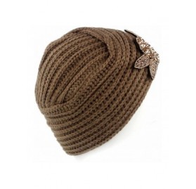 Skullies & Beanies Womens Hat Winter- Women's Turban Hat with Crystal Vintage Head Wrap Knit Pleated Turban - Khaki - CY188YS...