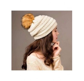 Skullies & Beanies Womens Girls Winter Knit Slouchy Beanie Hat Warm Skull Ski Cap Faux Fur Pom Pom Hats for Women - C819393NW...
