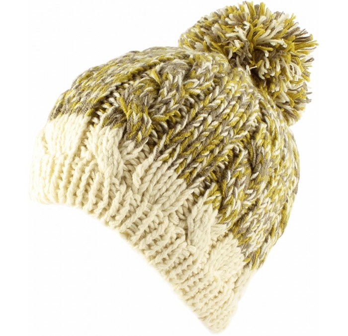 Berets Two Tone Crochet Knit Slouchy Pompom Beanie Beret Winter Ski Hat - Olive - CC11NXHSVXR $10.25