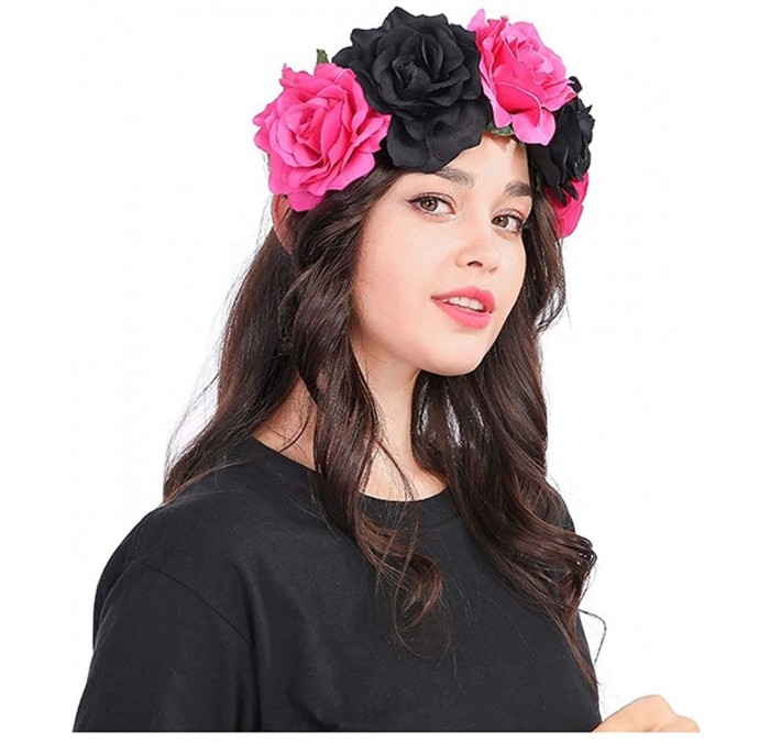 Headbands Day of The Dead Headband Costume Rose Flower Crown Mexican Headpiece BC40 - Fuchsia Black - C018TXZU2EQ $20.43