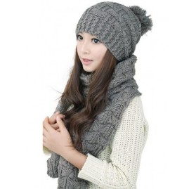 Skullies & Beanies Lady Women's Lady Girl Scarf and Hat 2pcs Set Knitted Winter Warm Skull caps Thicken Beanie Cap - Grey - C...