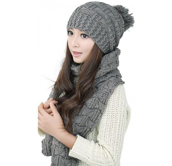 Skullies & Beanies Lady Women's Lady Girl Scarf and Hat 2pcs Set Knitted Winter Warm Skull caps Thicken Beanie Cap - Grey - C...