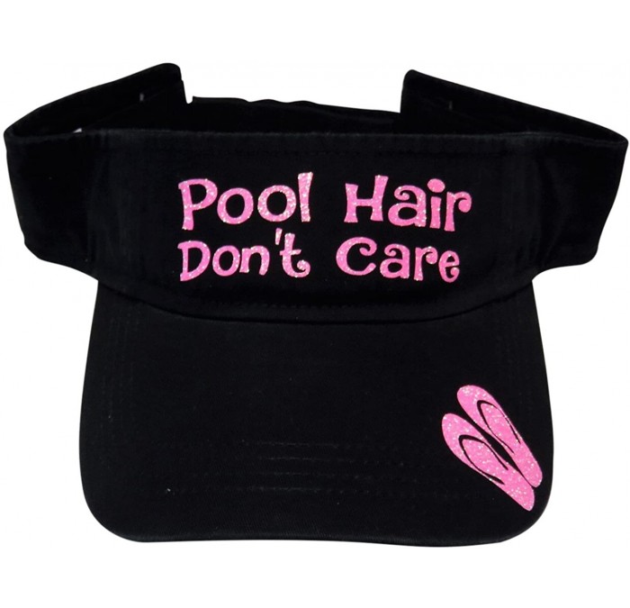 Sun Hats Glitter Pool Hair Don't Care Flip Flops Visor Fashion Swim - Neon Pink Glitter on Black Visor - C31834GHGM0 $18.29