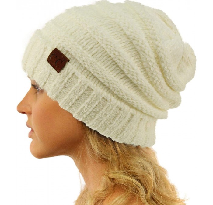 Skullies & Beanies Winter Trendy Warm Oversized Chunky Baggy Stretchy Slouchy Skully Beanie Hat - Chenille Ivory - C818I55S7L...