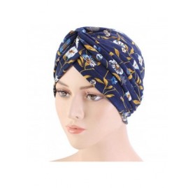 Skullies & Beanies New Women's Cotton Turban Flower Prints Beanie Head Wrap Chemo Cap Hair Loss Hat Sleep Cap - Navy 03 - CJ1...